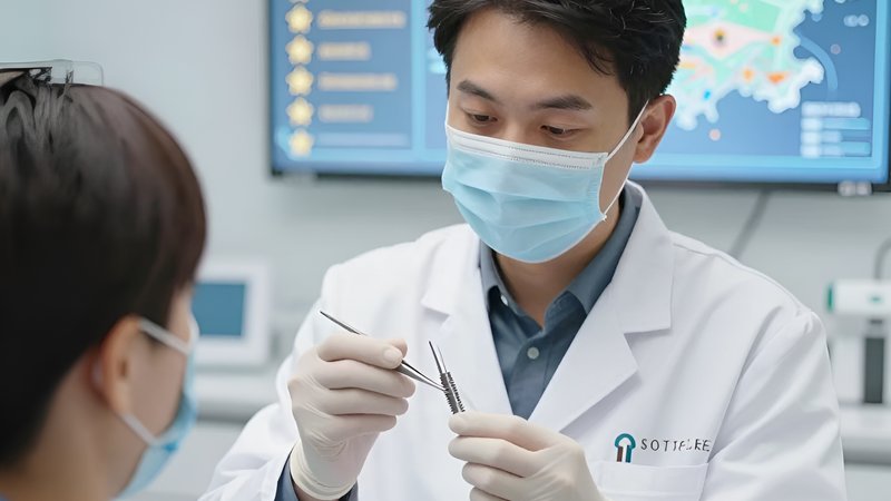 Стоматолог демонстрирует титановый имплант, помогая составить рейтинг корейских имплантов 2026 в Москве